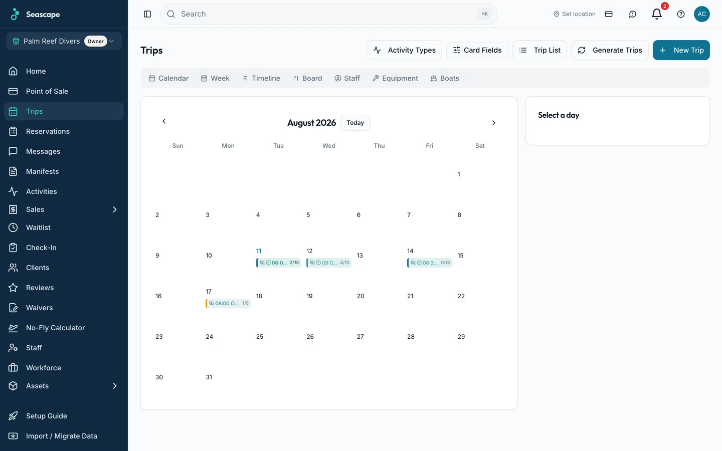 The trip calendar, with each activity colour-coded and seat counts on every departure.