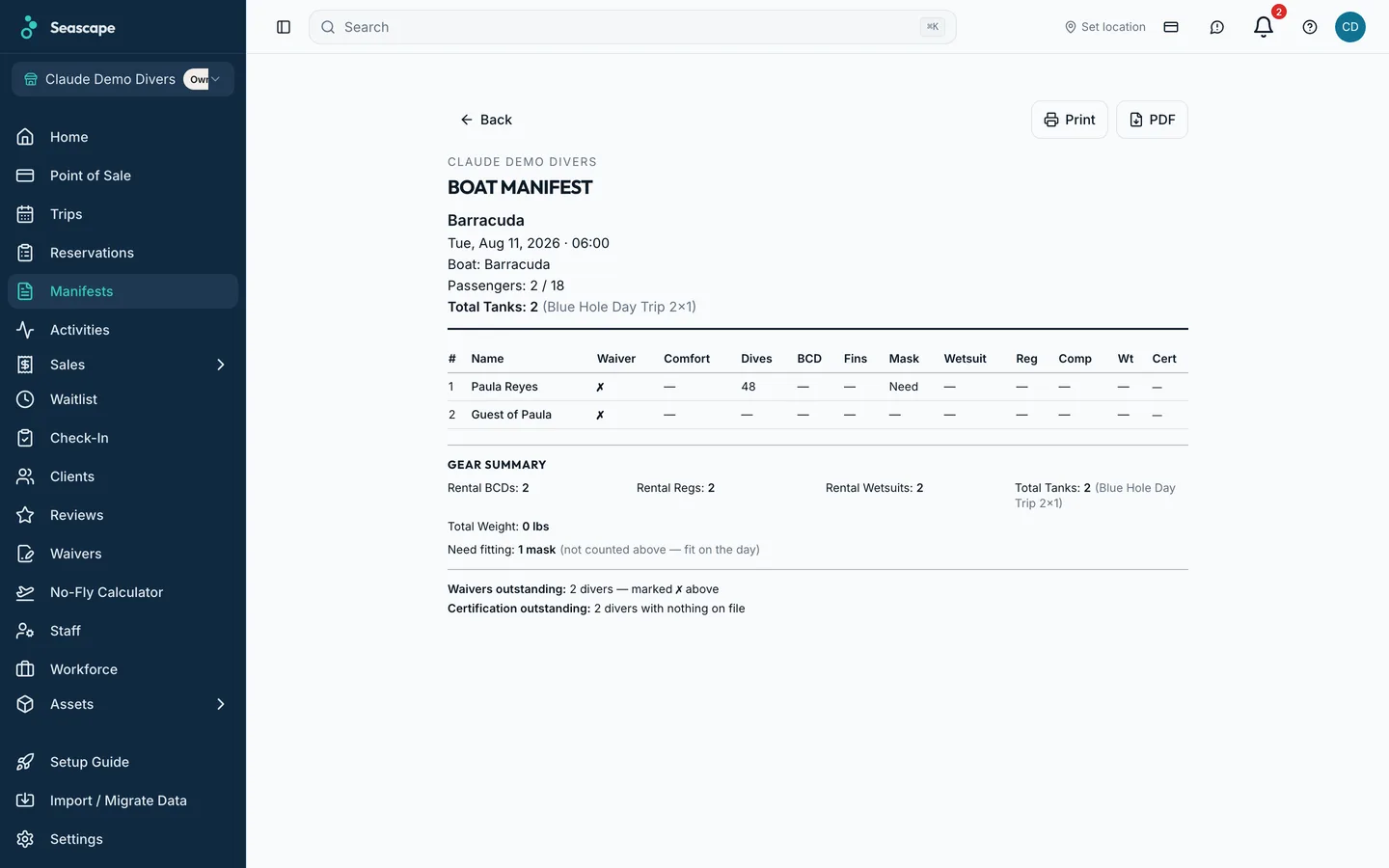 A boat manifest for one departure: every diver, their certification and gear, ready to print or hand to the captain.