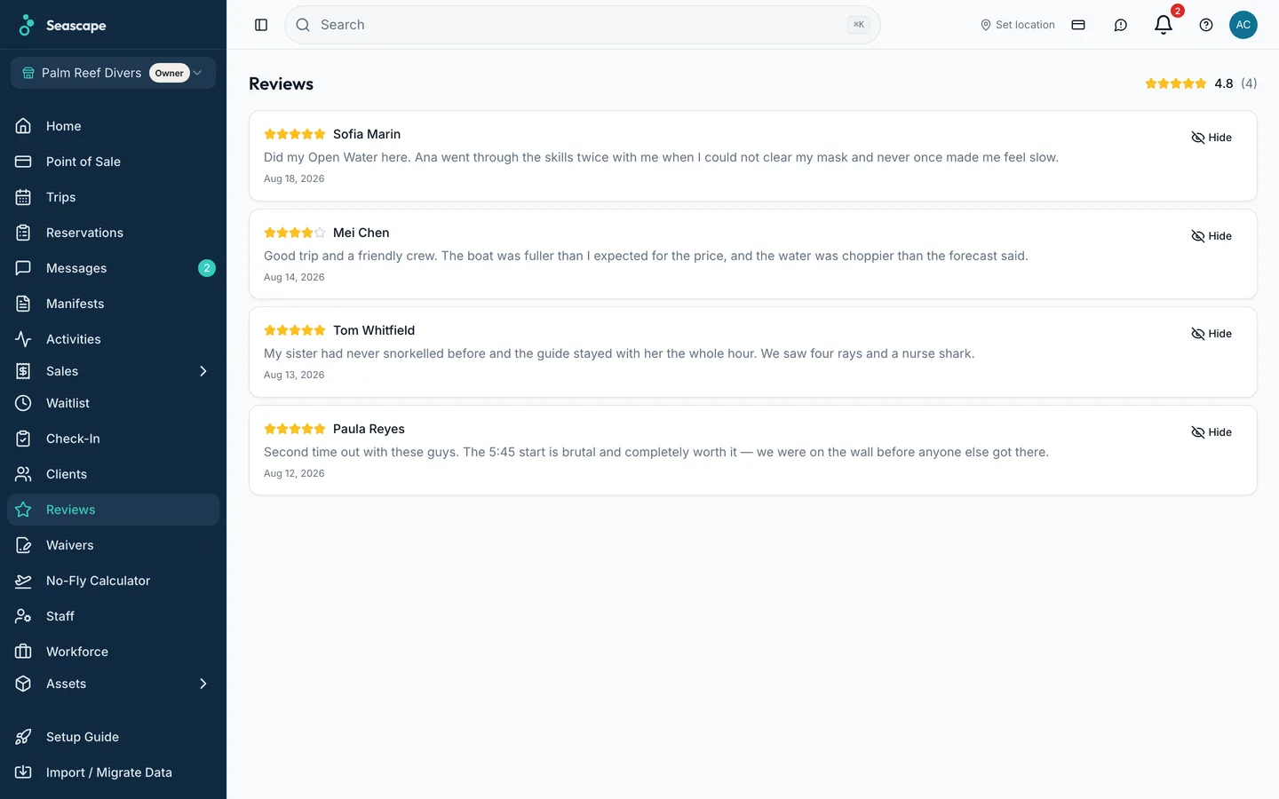 Reviews after the trip: the rating out of five, what the guest wrote, and whether it is published or still pending.