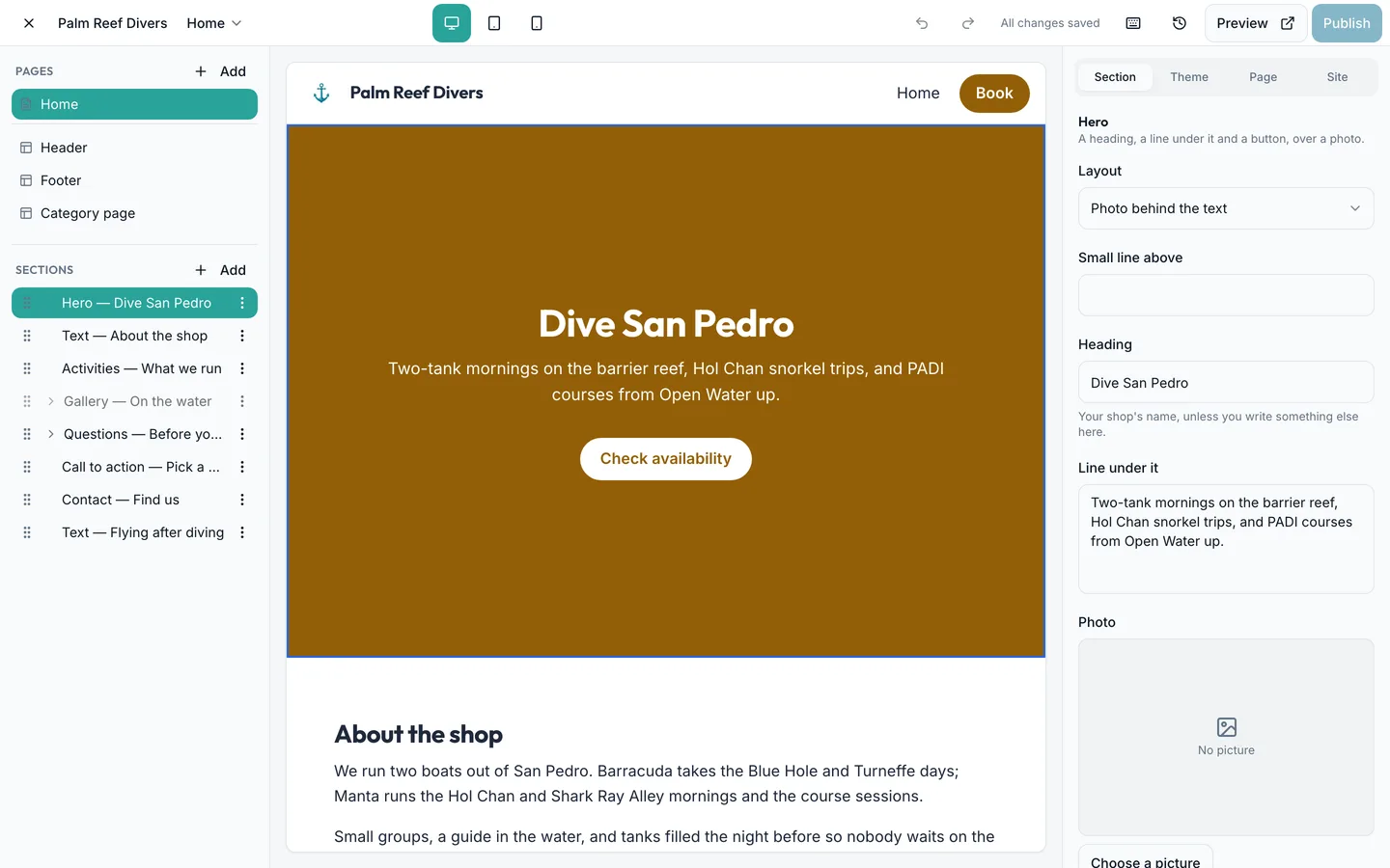 The website editor: the shop's pages and sections on the left, its own site in the middle, and the settings for the selected section on the right.