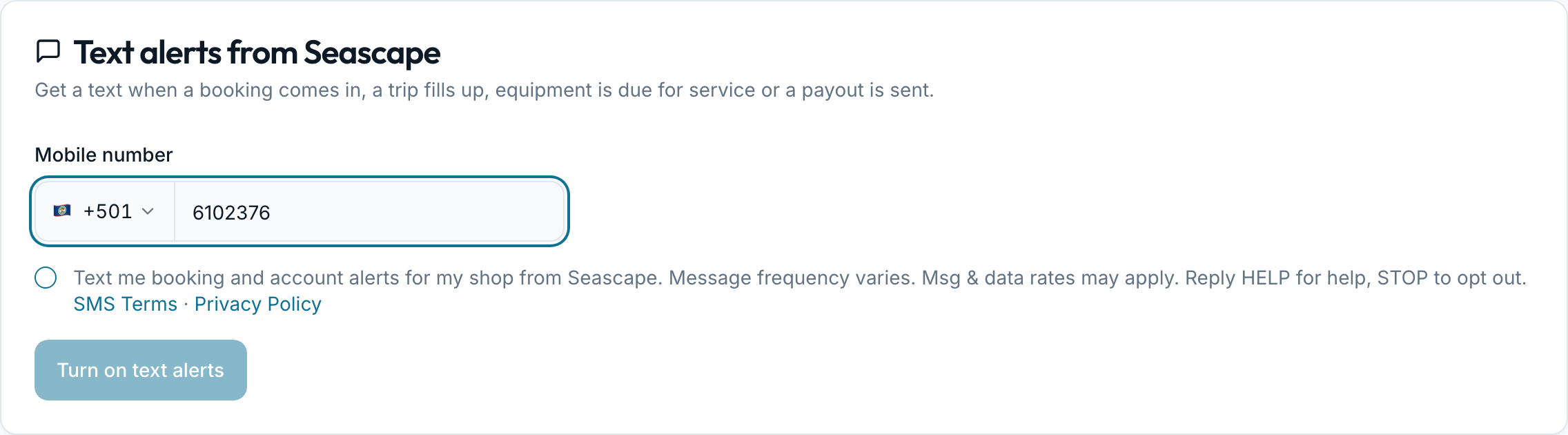Seascape Settings, App tab: the Text alerts from Seascape form with a mobile number field and an unticked consent checkbox