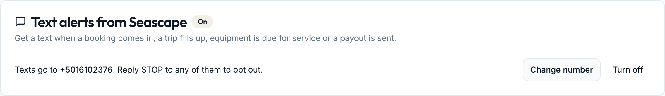 The same card after signing up, showing text alerts are on and how to turn them off